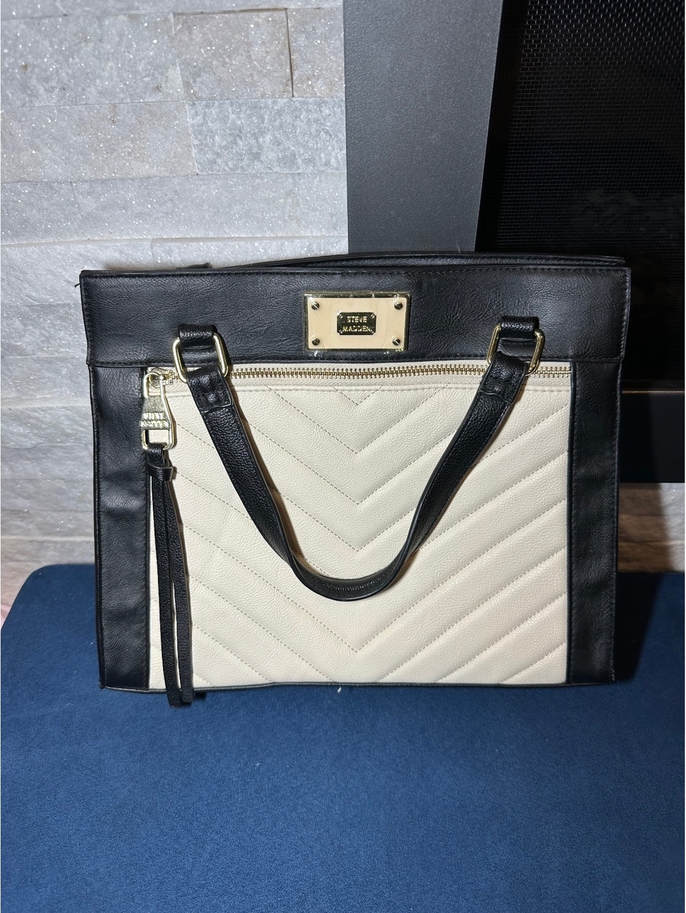 Steve Madden Black and White Leather Tote Bag